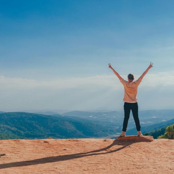 A man raises his arms in triumph on a rocky mountain summit overlooking a vast landscape